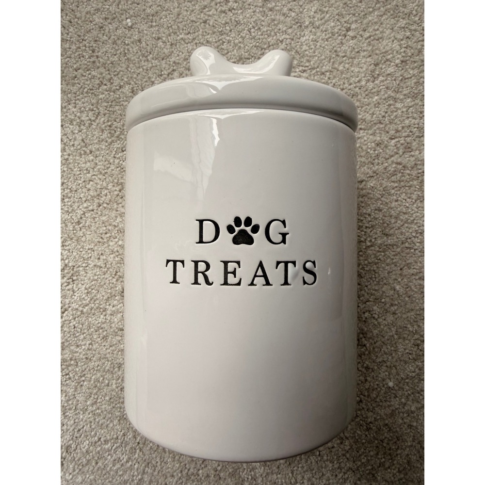 Barnyard Designs White Ceramic Dog Treat Canister Jar with Bone Handle Lid